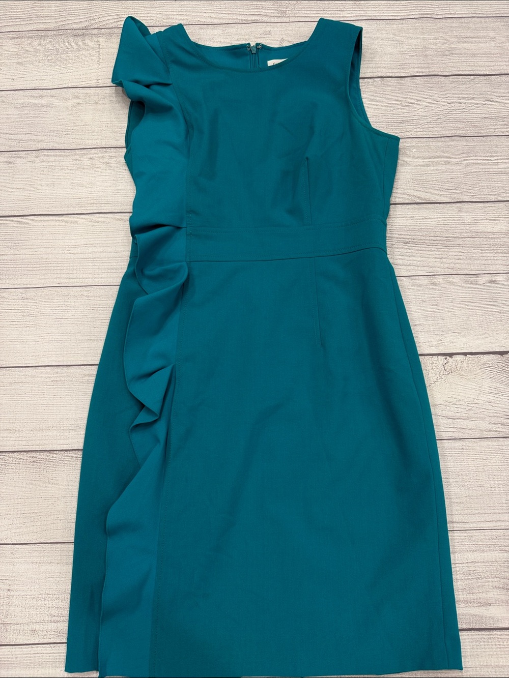 Calvin Klein Teal Sheath Dress Ruffle Detail Sleeveless Size 8